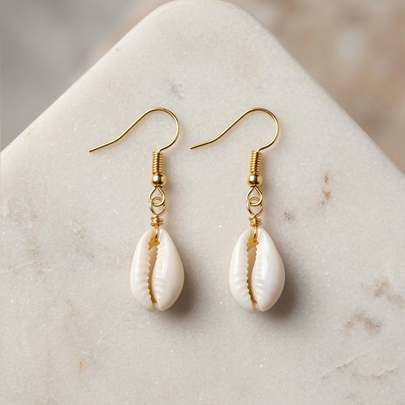 Handmade Jewelry - Cowry Shell Ivory & Gold Tone Drop Earrings